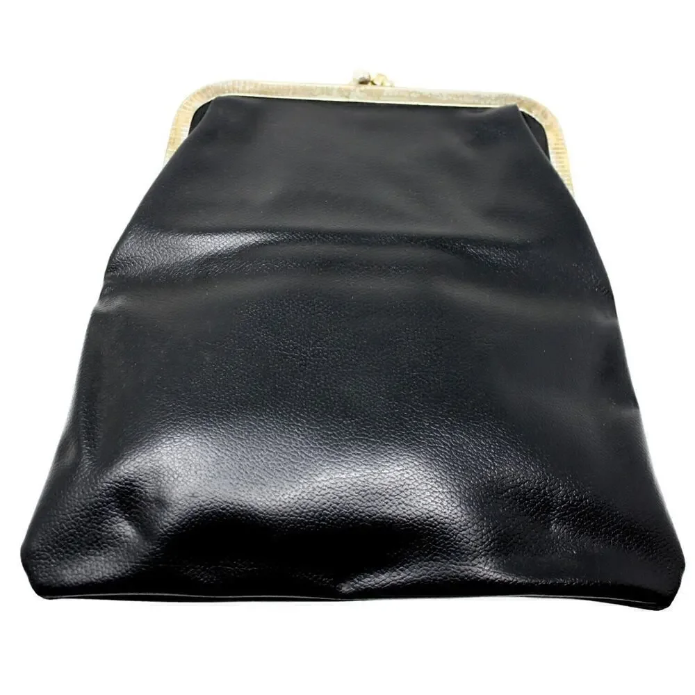 Vintage Black Vinyl Flat Purse w Chain or Folded Clutch Metal Frame 9x9 -Hey Viv